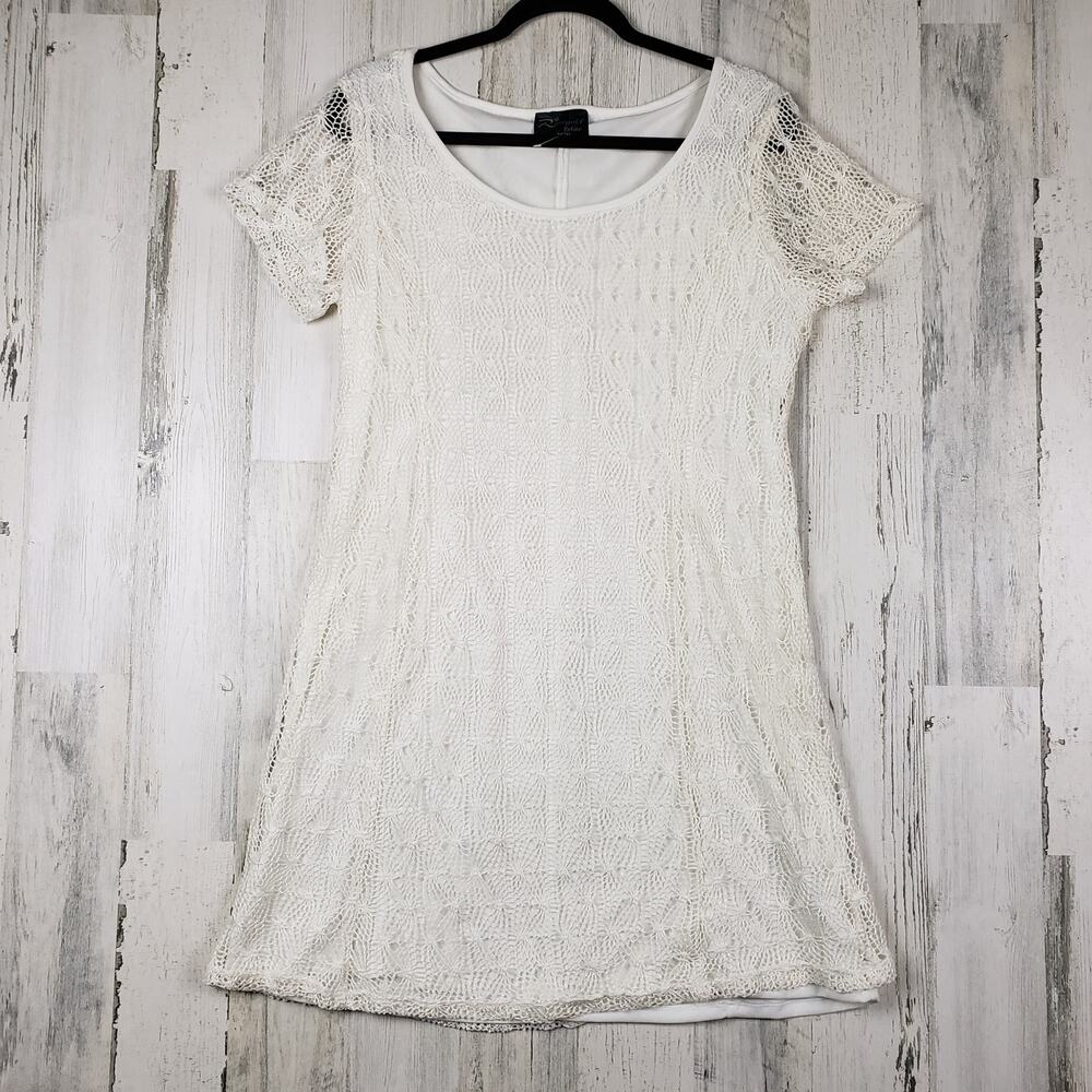 Rosegold Petite Lined White Crochet Short Sleeve Mini Dress Women's Size XL